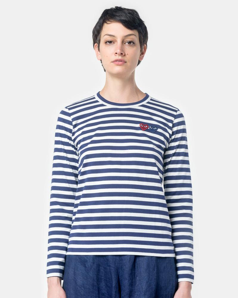 Long Sleeved Striped T Shirt with Red Heart in Navy White minimal theme fashion