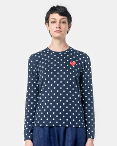 Long Sleeved Polka Dot T-Shirt with Red Heart in Navy/White by Comme des Garçons PLAY at Mohawk General Store