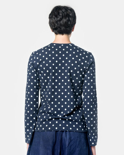 Long Sleeved Polka Dot T-Shirt with Red Heart in Navy/White by Comme des Garçons PLAY at Mohawk General Store