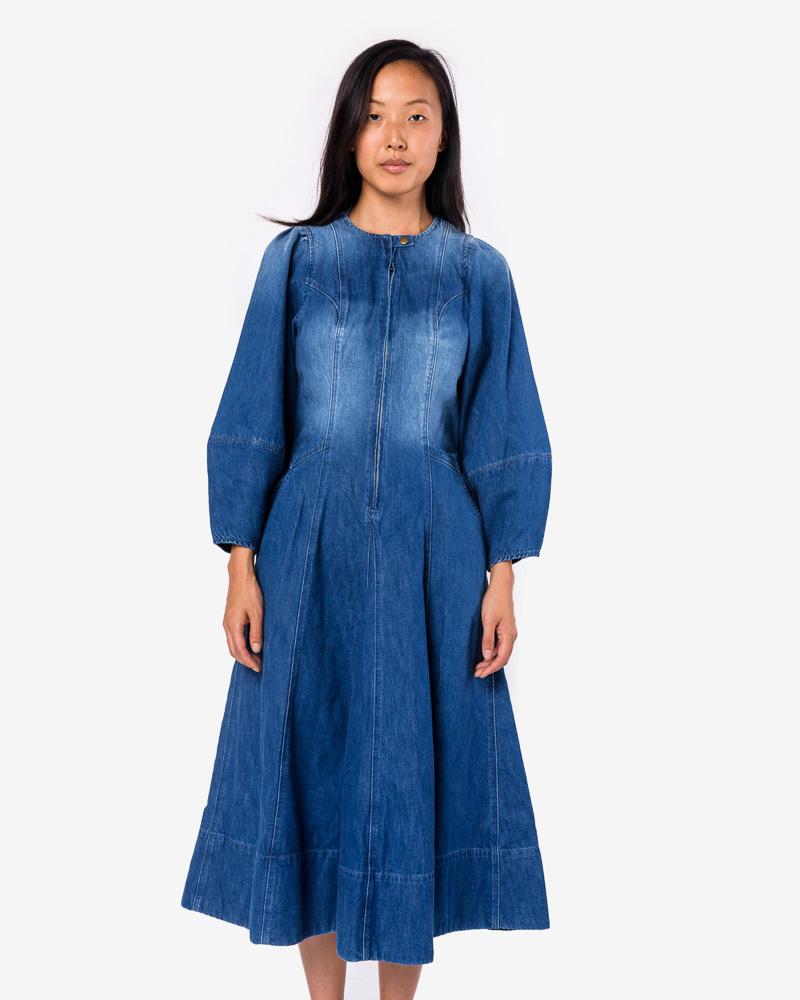ulla johnson wren denim dress Ulla Johnson Wren Denim Dress Blue Off-White Print Puff Long Sleeve Mini Size 0