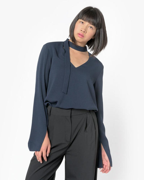 Savanna Crepe V-Neck Tie Top in Midnight Navy by Tibi at Mohawk General Store - 3