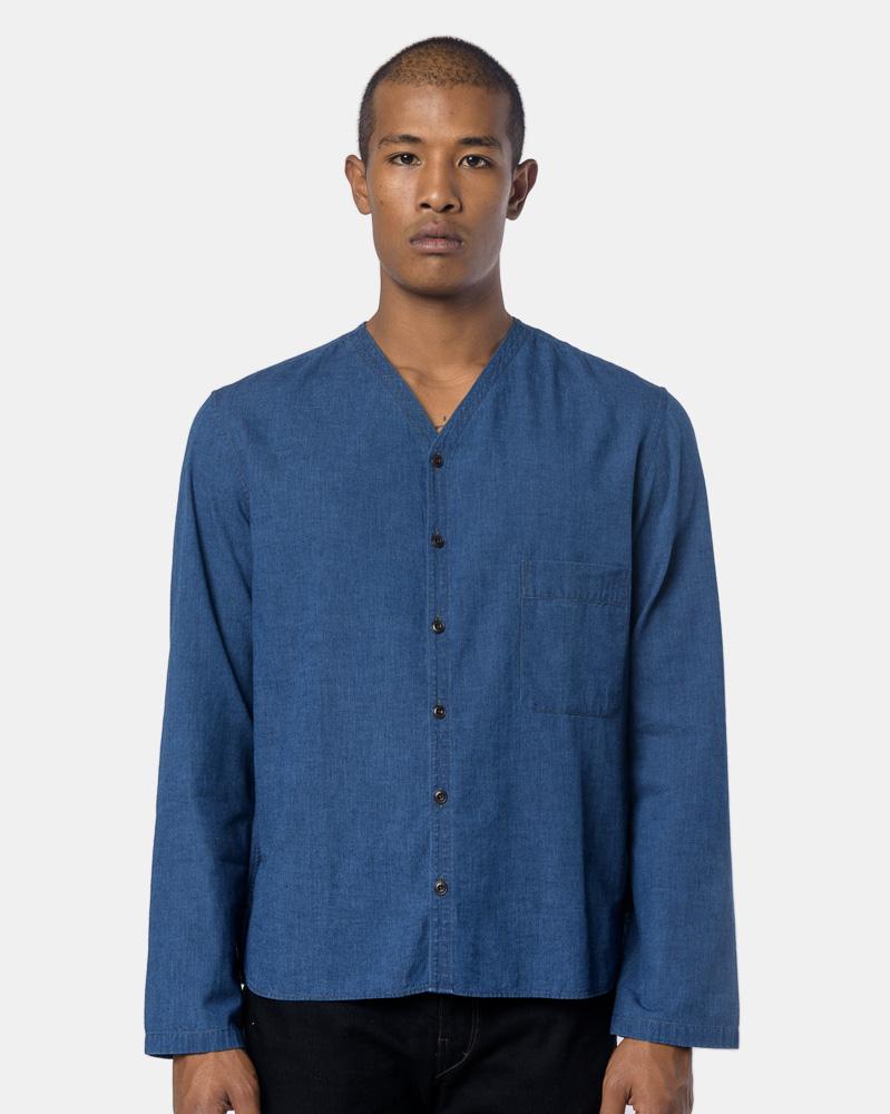 V-Neck Collar Shirt in Light Indigo – minimal-theme-fashion V-Neck Collar Shirt in Light Indigo – minimal-theme-fashion