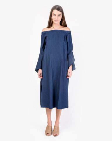 Washed Indigo Off-the-Shoulder Dress in Perfect Denim by Tibi at Mohawk General Store