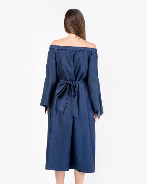 Washed Indigo Off-the-Shoulder Dress in Perfect Denim by Tibi at Mohawk General Store