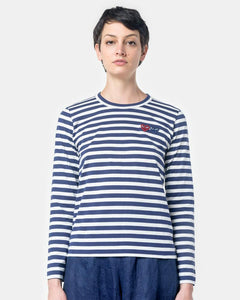 Long Sleeved Striped T-Shirt with Red Heart in Navy/White by Comme des Garçons PLAY at Mohawk General Store