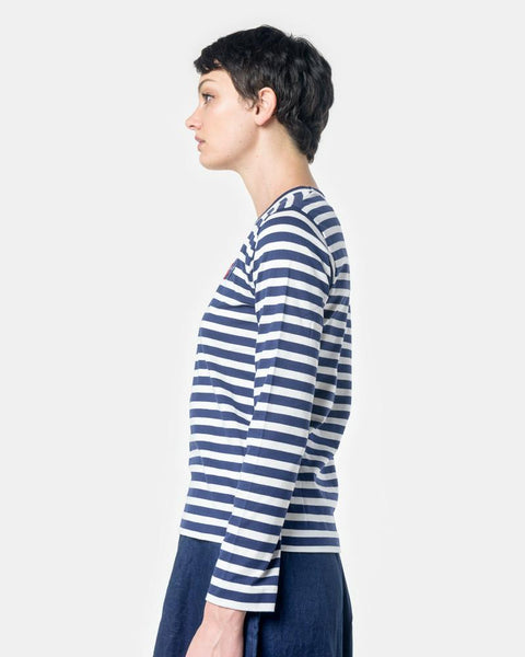 Long Sleeved Striped T-Shirt with Red Heart in Navy/White by Comme des Garçons PLAY at Mohawk General Store