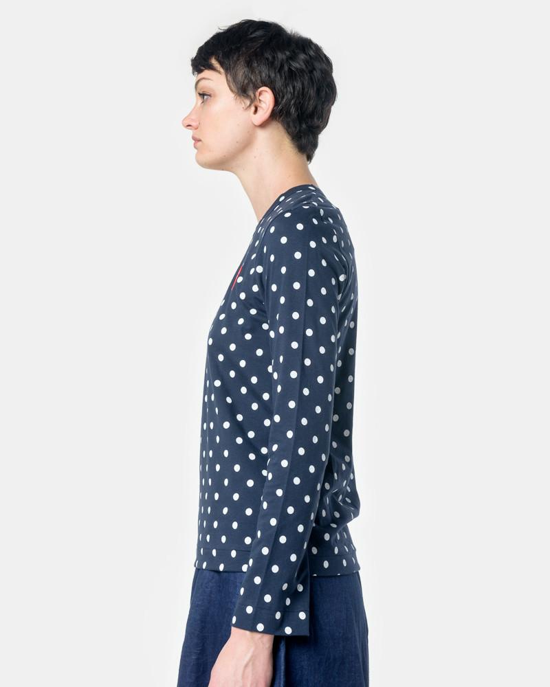 Long Sleeved Polka Dot T Shirt with Red Heart in Navy White minimal theme fashion