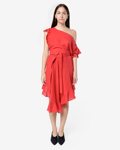 Convertible Ruffle Kaftan Dress with Obi Belt in Bright Red