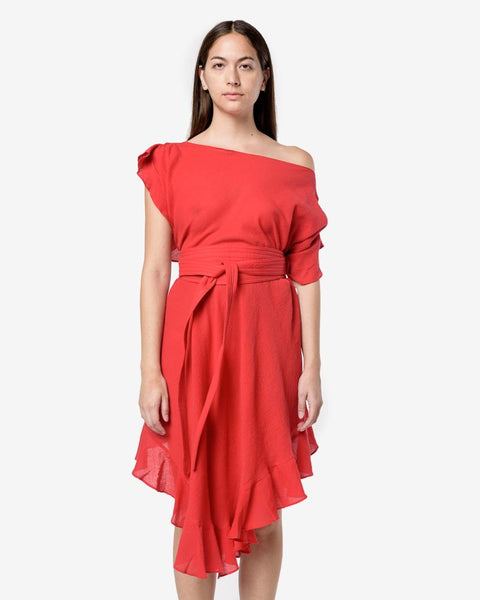 Convertible Ruffle Kaftan Dress with Obi Belt in Bright Red