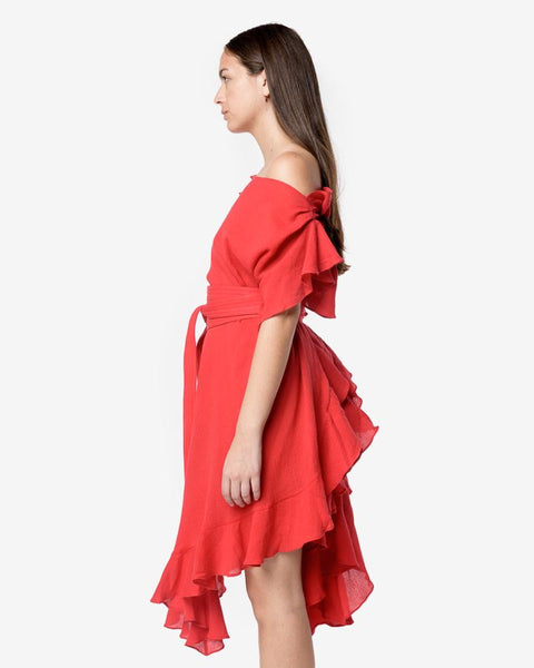 Convertible Ruffle Kaftan Dress with Obi Belt in Bright Red