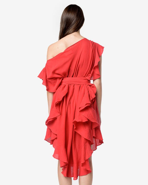 Convertible Ruffle Kaftan Dress with Obi Belt in Bright Red