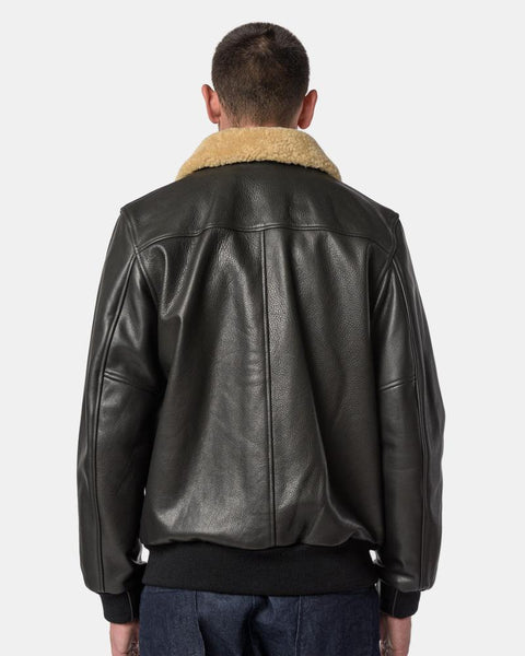 Leather Bomber with Fur Collar in Black