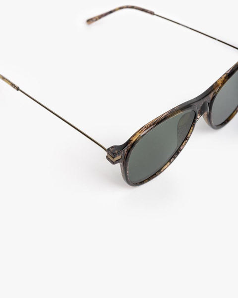 Sunglasses in Dark Horn/Brass/Solid Green by Dries Van Noten x Linda Farrow at Mohawk General Store