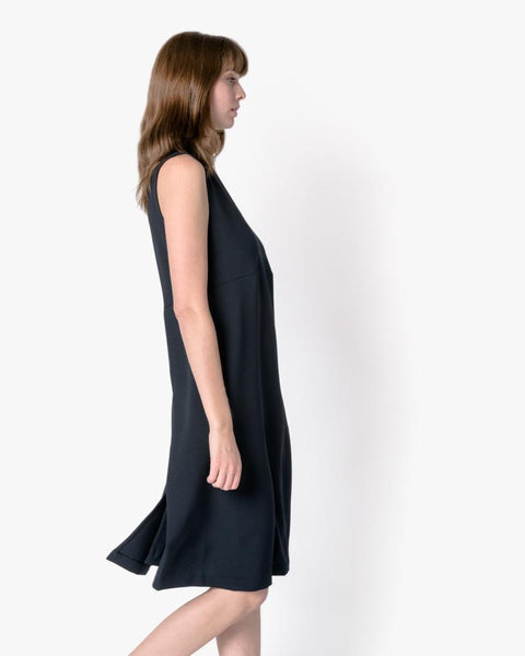 Skywave Sleeveless Back Pleat Slit Dress in Black Blue by Kaarem at Mohawk General Store